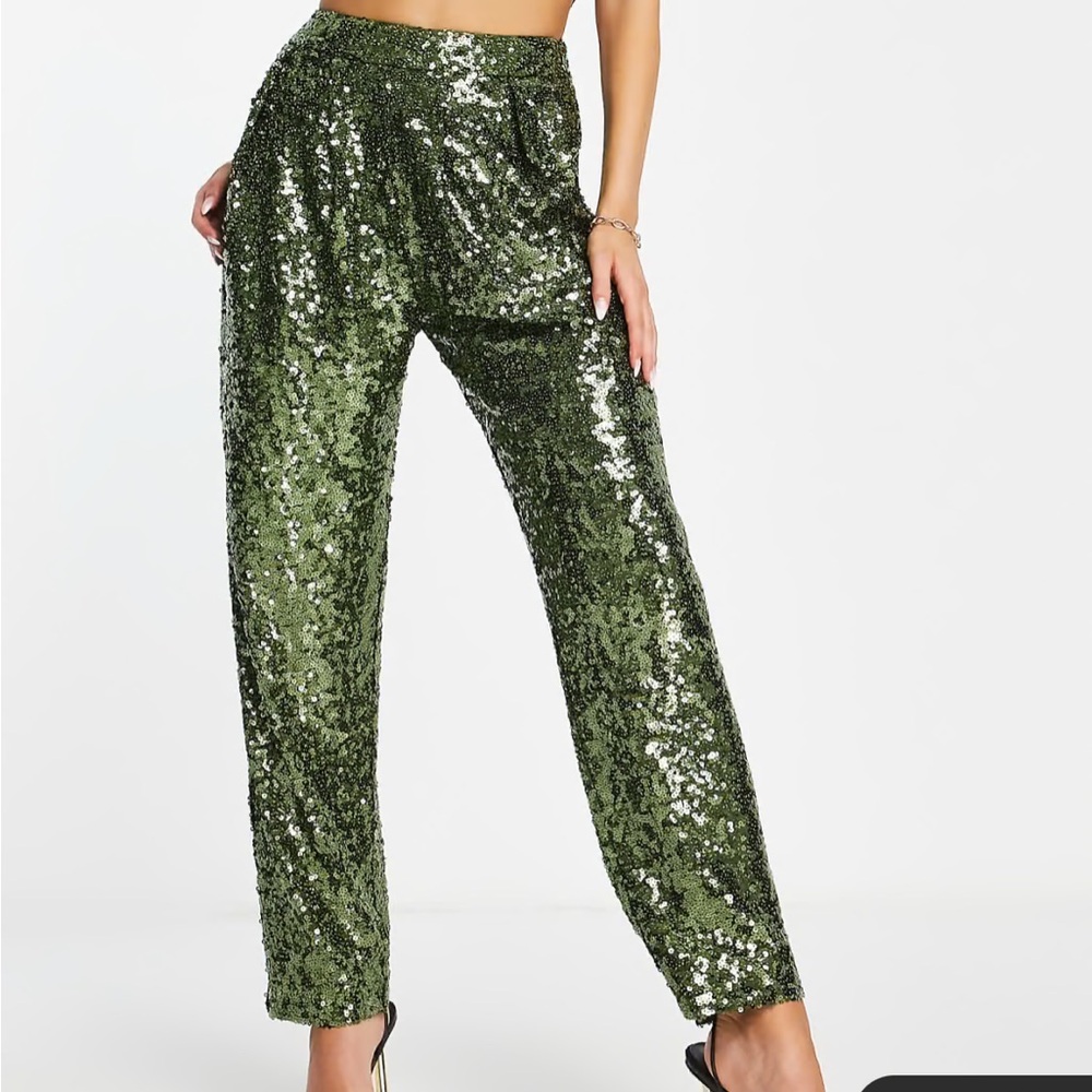 ASOS DESIGN sequin slouchy pants in khaki